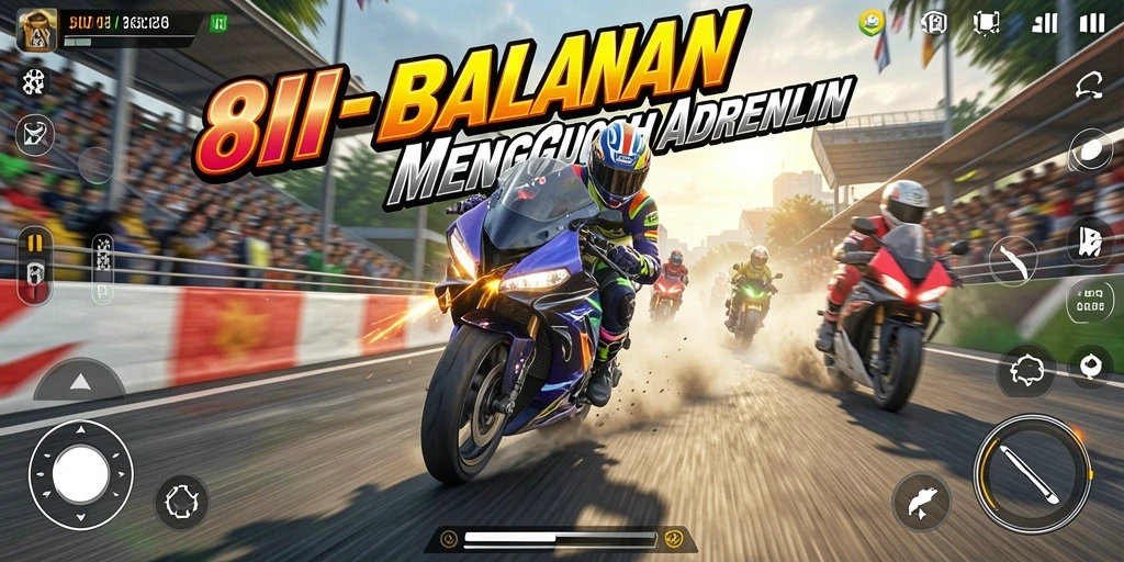 Screenshot gameplay 8II menampilkan balapan motor yang intens.