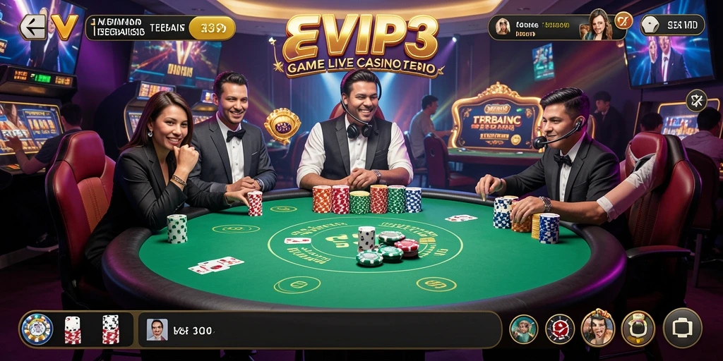 Screenshot gameplay EVIP3 yang menampilkan dealer langsung dan suasana kasino.