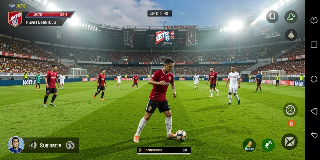 Screenshot gameplay JKT8 menampilkan aksi seru di lapangan sepak bola.