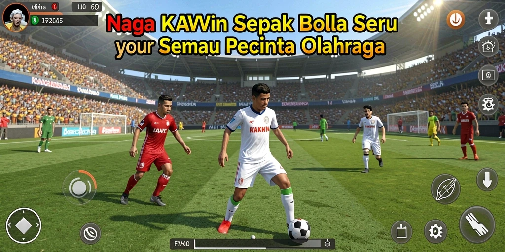 Screenshot utama KAKWIN menampilkan aksi seru dalam permainan sepak bola.