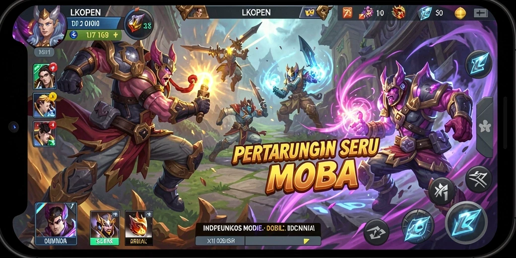 Screenshot LKOPEN menampilkan aksi pertarungan seru dalam game MOBA.