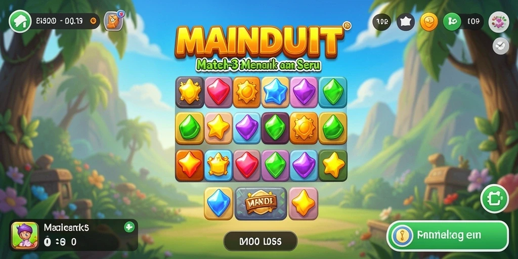 Screenshot gameplay MAINDUIT dengan tantangan mencocokkan permata.