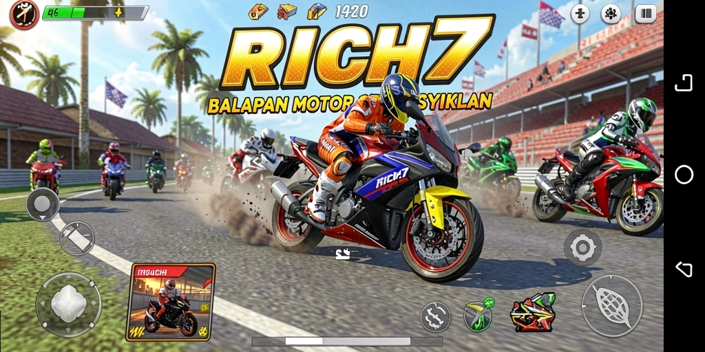 Gameplay seru RICH7 dengan kecepatan tinggi di trek yang menantang.