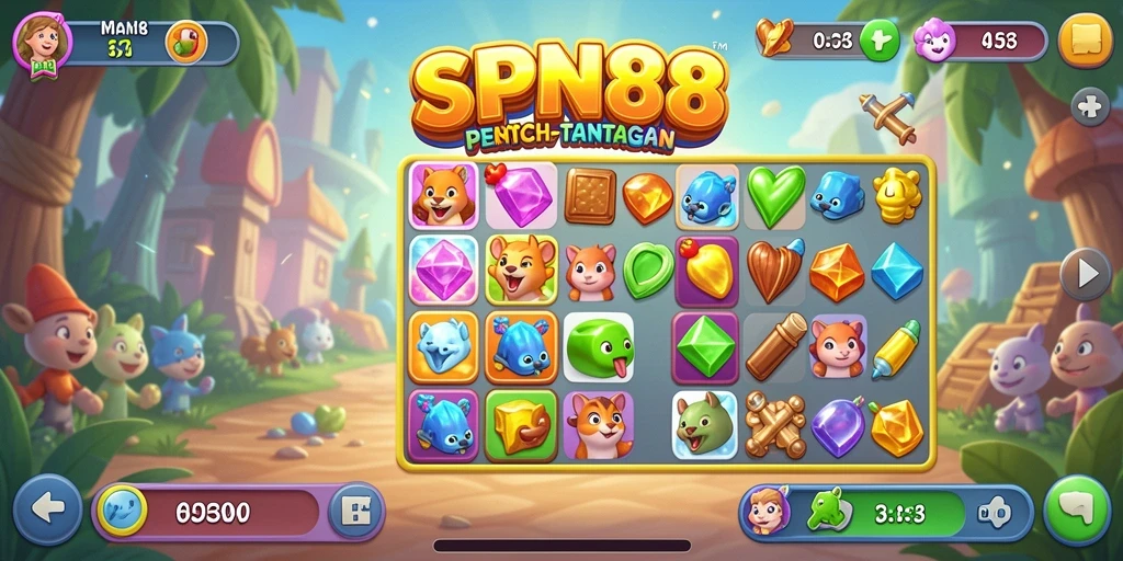 Screenshot SPN88 menunjukkan gameplay Match-3 yang menarik dan seru.