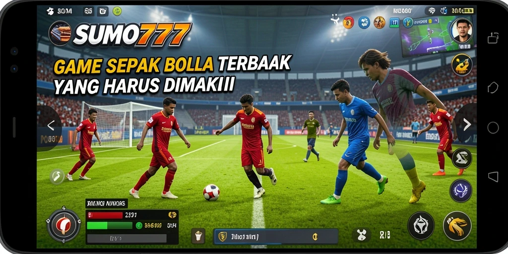 Screenshot utama menampilkan aksi seru dalam permainan sepak bola.